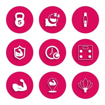 Set Time to sleep, Bodybuilder muscle, Lotus flower, Bathroom scales, Smart.. Stock Illustration