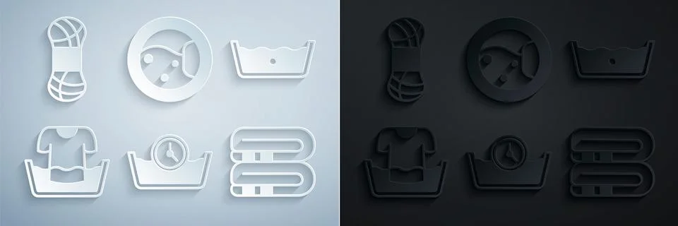 Set Time wash, Temperature, Basin with shirt, Towel stack, Washer and Yarn icon イラスト素材