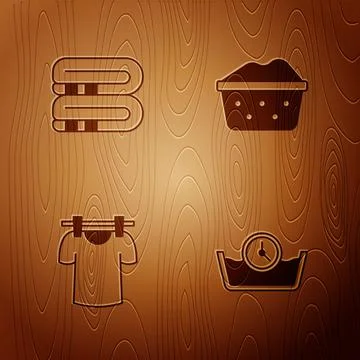 Set Time wash, Towel stack, Drying clothes and Basin with soap suds on wooden Illustrazione stock