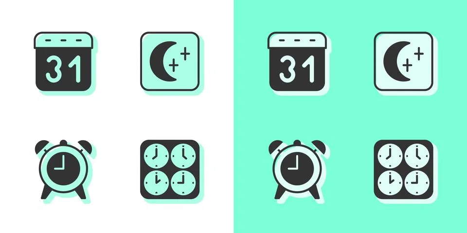 Set Time zone clocks, Calendar, Alarm and Moon and stars icon. Vector 스톡 일러스트