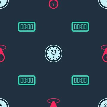 Set Time zone clocks, Clock 24 hours and Digital alarm on seamless pattern Stock Illustration