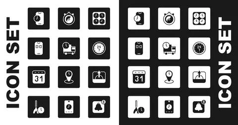 Set Time zone clocks, Delivery truck and time, Alarm app mobile, Clock 24 h.. Stock Illustration