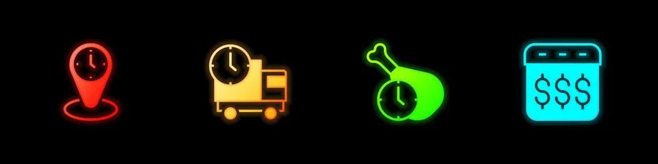 Set Time zone clocks, Delivery truck and time, Food and Payday, calendar wi.. Stock Illustration