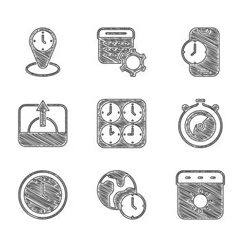 Set Time zone clocks, World time, Calendar summer, Stopwatch, Clock, Sunris.. Stock Illustration