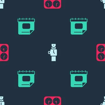 Set Time zone clocks, Wrist watch and Calendar on seamless pattern. Vector Stock Illustration