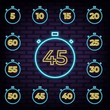 Set of timers. 5, 10, 15, 20, 25, 30, 35, 40, 45, 50, 55, and 60 minutes. Stock Illustration