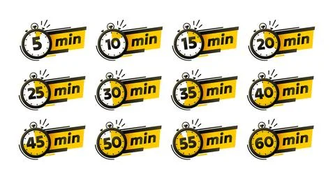 Set of timers, 5, 10, 15, 20 minutes on the timer hand. Vector illustration Illustrazione stock