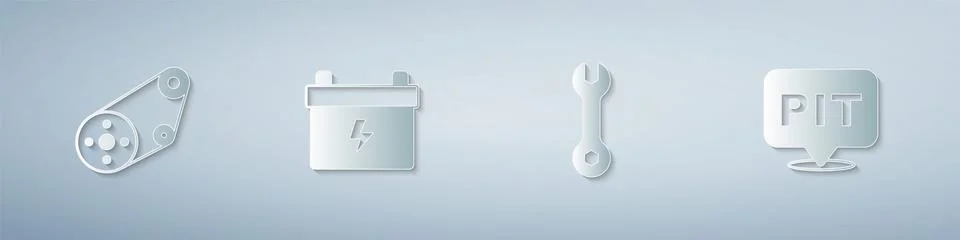 Set Timing belt kit, Car battery, Wrench spanner and Pit stop. Paper art style Stock Illustration