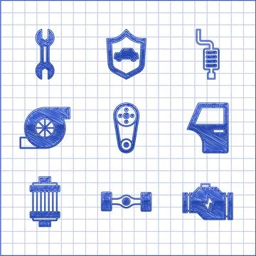 Set Timing belt kit, Chassis car, Check engine, Car door, air filter, Automotive Stock Illustration