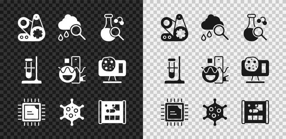 Set Timing belt kit, Cloud with rain, Test tube, Processor CPU, Virus, Grap.. Stock Illustration