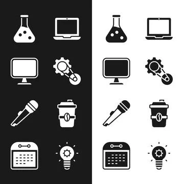 Set Timing belt kit, Computer monitor, Test tube, Laptop, Microphone, Coffee cup Stock Illustration