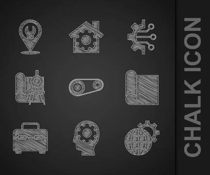 Set Timing belt kit, Human head with gear inside, Globe of the Earth and Illustrazione stock