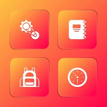 Set Timing belt kit, Notebook, School backpack and Clock icon. Vector 库存插图