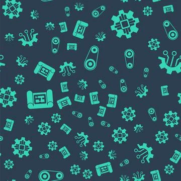 Set Timing belt kit, Processor, House plan and Algorithm on seamless pattern Stock Illustration