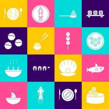 Set Tin can with caviar, Shark, Caviar on plate, spoon, Sushi, Takoyaki, Served Stock Illustration