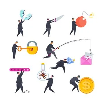 Set of tiny male thieves with fishing rod, bomb to hack account. Stock Illustration
