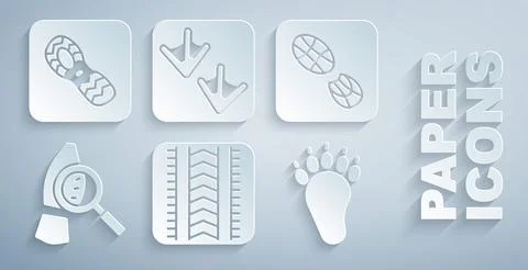 Set Tire track, Human footprints shoes, Magnifying glass with footsteps, Bear Stock Illustration