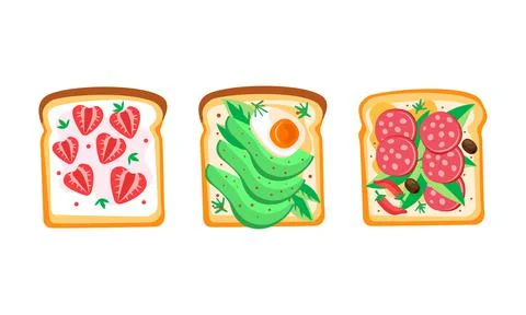 Set of Toast Bread with Different Healthy Toppings, Sandwich with Egg, Avocado Stock Illustration