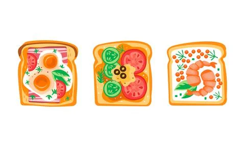 Set of Toast Bread with Different Healthy Toppings, Sandwiches with Egg, Ham Stock Illustration