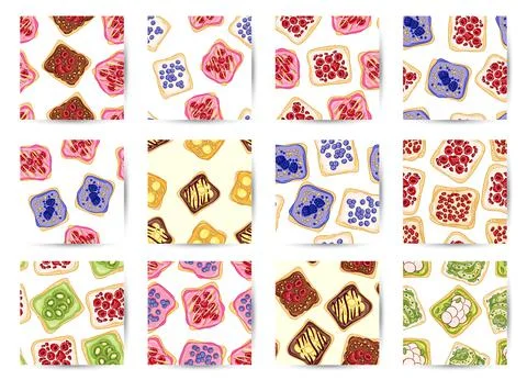 Set of toast bread sandwiches comic style seamless border patterns. Sandwiche イラスト素材