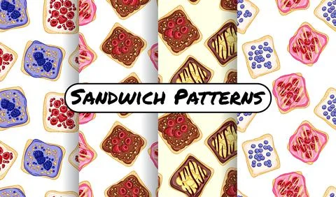 Set of toast bread sandwiches comic style seamless border patterns. Sandwiche イラスト素材