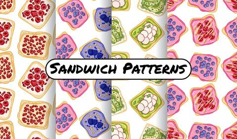 Set of toast bread sandwiches comic style seamless border patterns. Sandwiche イラスト素材