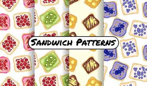 Set of toast bread sandwiches comic style seamless border patterns. Sandwiche イラスト素材