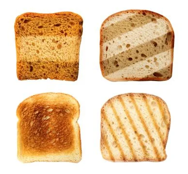 Set with toasted slices of wheat bread on white background, top view Stock Photos