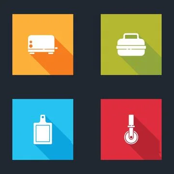 Set Toaster, Cooking pot, Cutting board and Pizza knife icon. Vector Stock Illustration