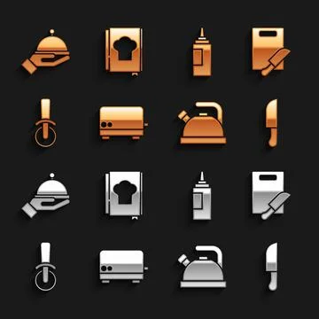 Set Toaster, Cutting board and knife, Knife, Kettle with handle, Pizza, Sauce Stock Illustration