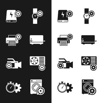 Set Toaster, Printer setting, Power bank, Wrist watch, Video camera and Air Stock Illustration