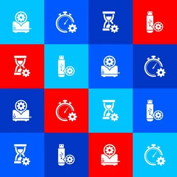 Set Toaster setting, Time management, Hourglass and USB flash drive icon. Vector Stock Illustration