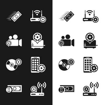 Set Toaster setting, Video camera, Fast payments, Router and wi-fi, CD or D.. Stock Illustration
