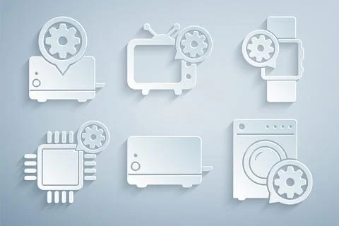 Set Toaster, Smartwatch setting, Processor, Washer, Tv and icon. Vector Stockillustratie