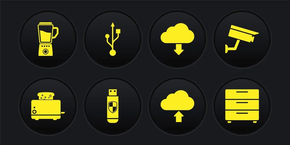 Set Toaster with toasts, Security camera, USB flash drive and shield, Cloud Illustrazione stock