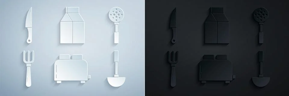 Set Toaster with toasts, Spatula, Fork, Kitchen ladle, Paper package for milk Stock Illustration