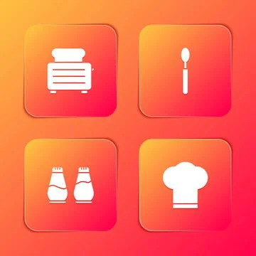 Set Toaster with toasts, Spoon, Salt and pepper and Chef hat icon. Vector Stock Illustration