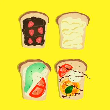 Set of toasts with different ingredients on yellow background Stock Illustration