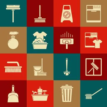 Set Toilet brush, Squeegee, scraper, wiper, Washer and t-shirt, Wet floor Stock Illustration