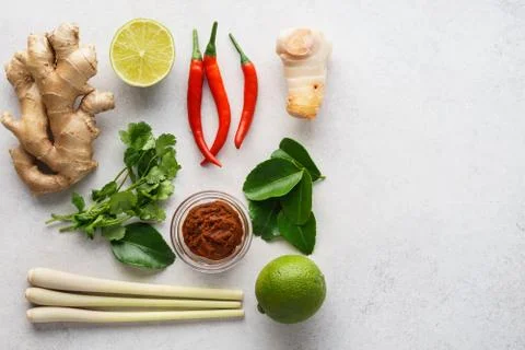 Set of Tom Yum soup basic ingredients on light gray background. Stock Photos