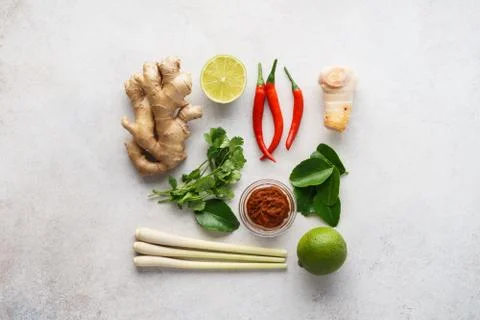 Set of Tom Yum soup basic ingredients on light gray background. Stock Photos