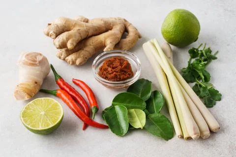Set of Tom Yum soup basic ingredients for cooking. Stock Photos