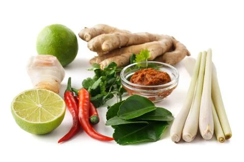 Set of Tom Yum soup basic ingredients for cooking. Isolated. Stock Photos