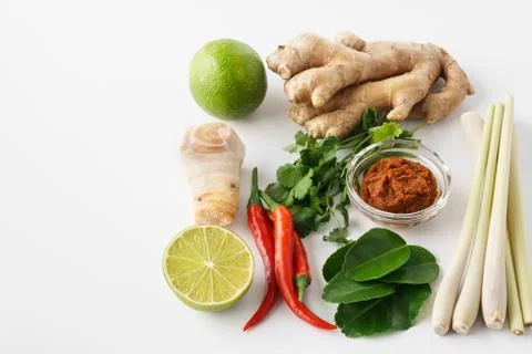 Set of Tom Yum soup basic ingredients for cooking. Stock Photos