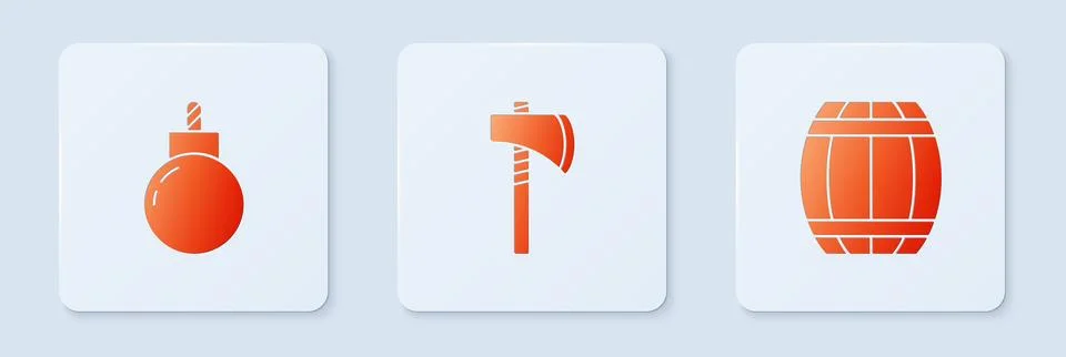 Set Tomahawk axe, Bomb ready to explode and Gun powder barrel. White square イラスト素材