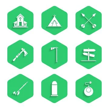 Set Tomahawk axe, Bullet, Bomb ready to explode, Road traffic signpost, Native Illustrazione stock