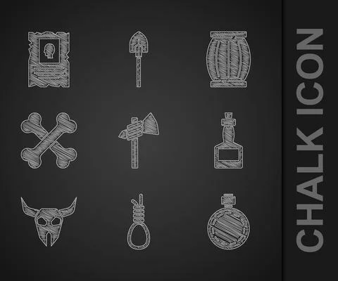 Set Tomahawk axe, Gallows rope loop hanging, Canteen water bottle, Tabasco sauce Stock Illustration