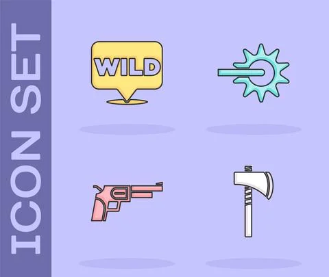 Set Tomahawk axe, Pointer to wild west, Revolver gun and Spur icon. Vector Illustrazione stock