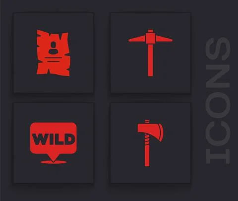 Set Tomahawk axe, Wanted western poster, Pickaxe and Pointer to wild icon Illustrazione stock