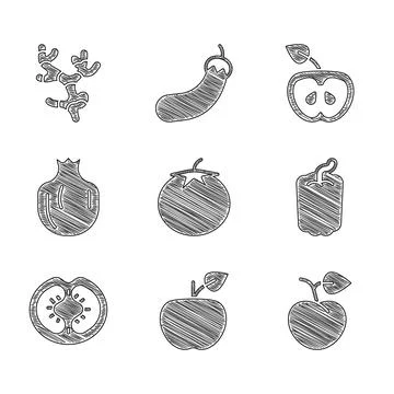 Set Tomato, Apple, Peach fruit or nectarine, Bell pepper, Pomegranate, and Stock Illustration